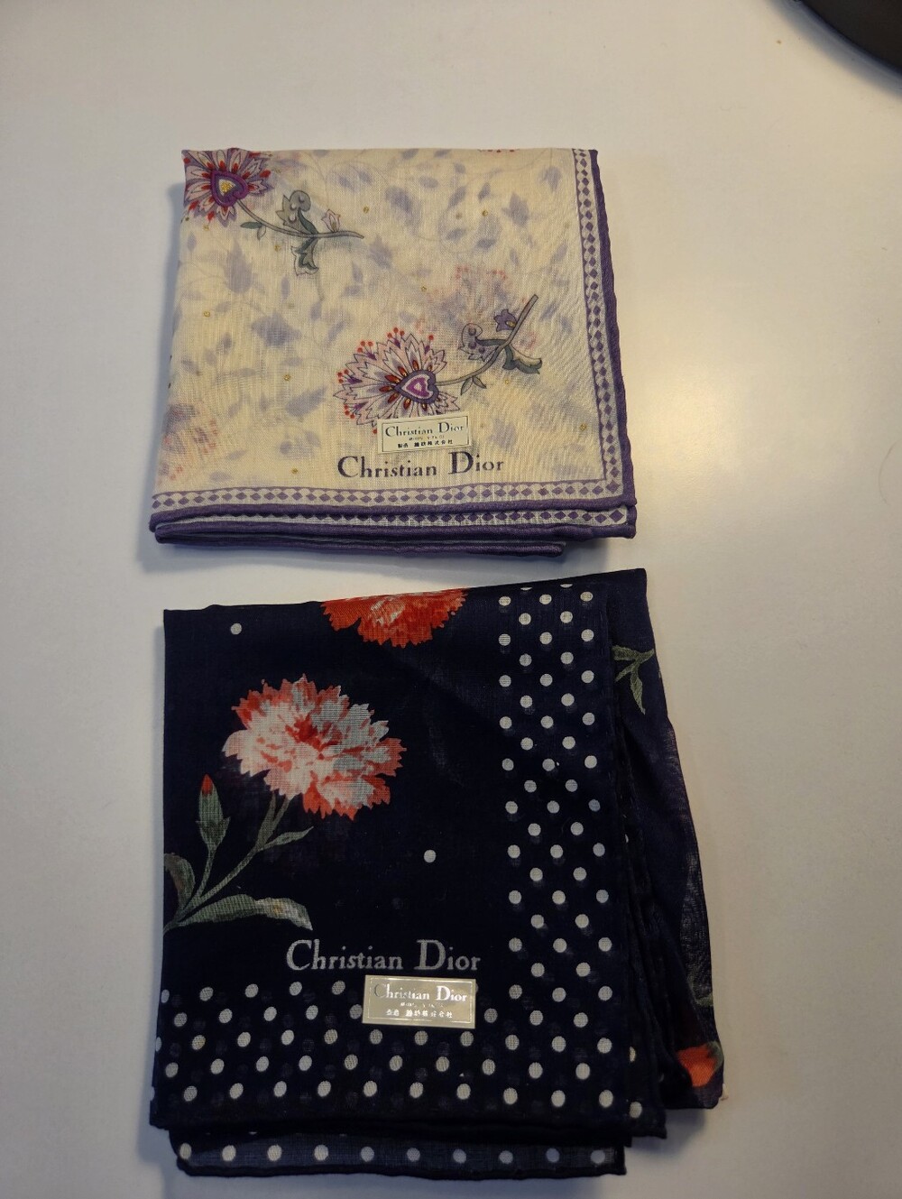 Dior Two-Piece Floral Silk Scarves — Black, Cream & Purple Accents Nwot